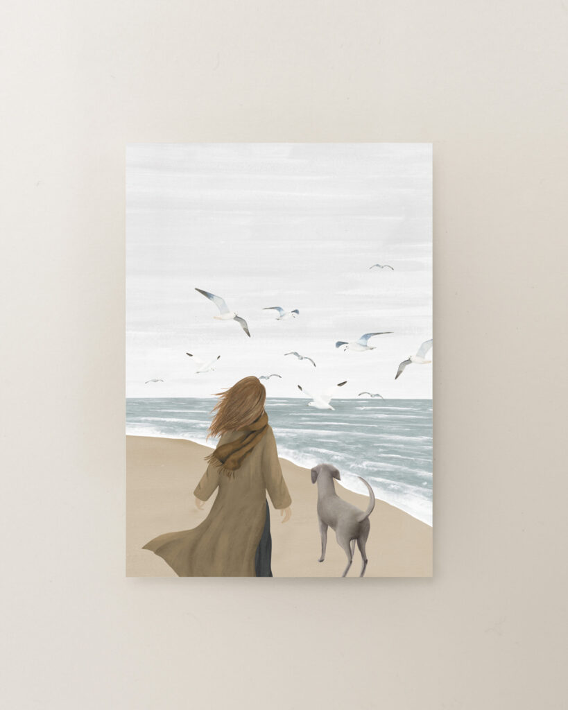 wenskaart Uitwaaien vrouw en hond aan zee in de wind Sâlt + Flor