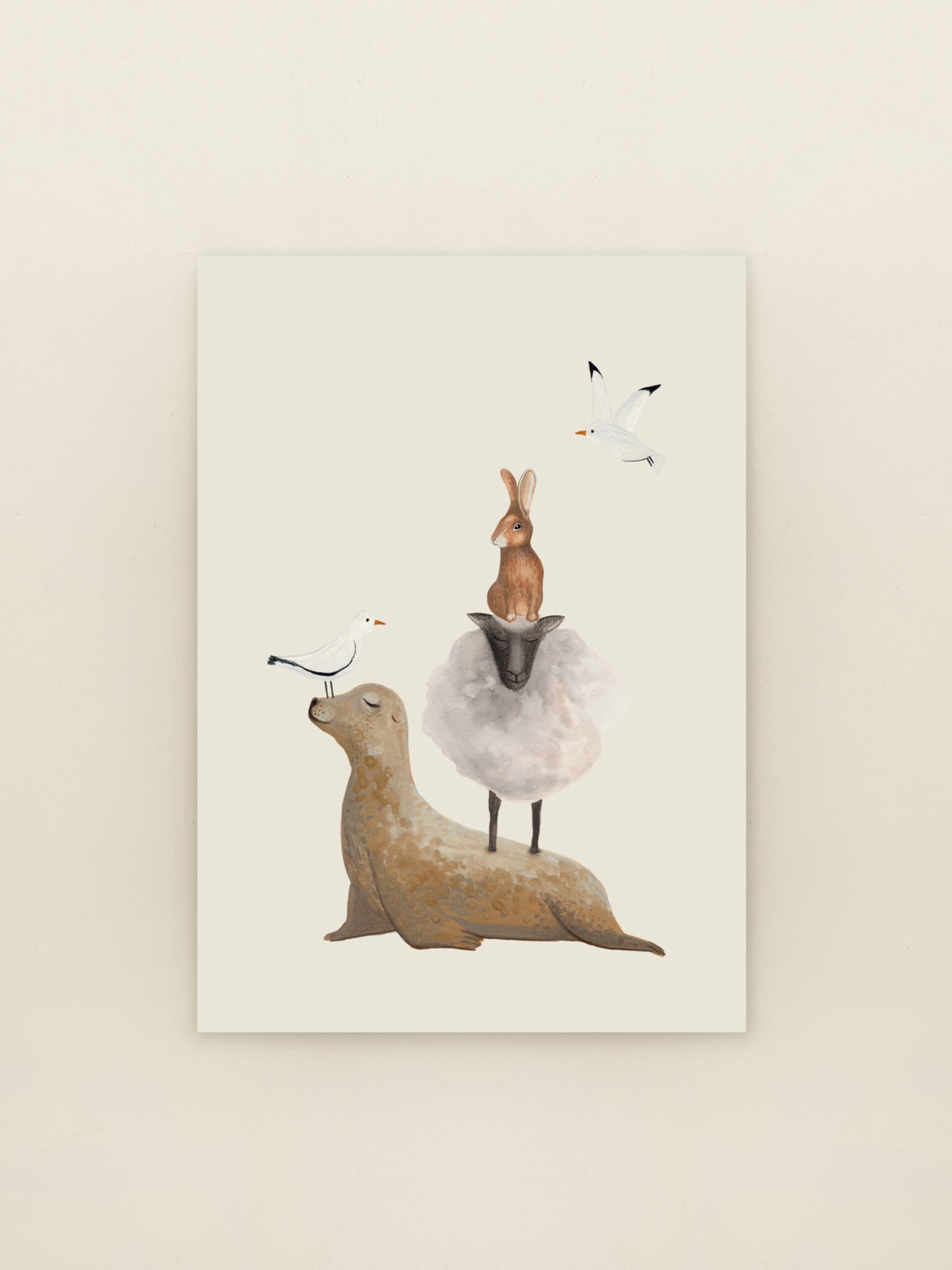 Wenskaart Dieren met illustratie van gestapelde dieren op witte achtergrond