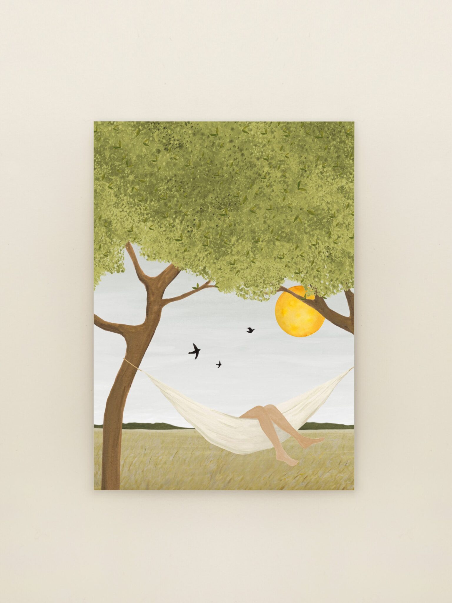 Wenskaart Hangmat van Sâlt + Flor met illustratie van hangmat tussen bomen in warm zomerlandschap