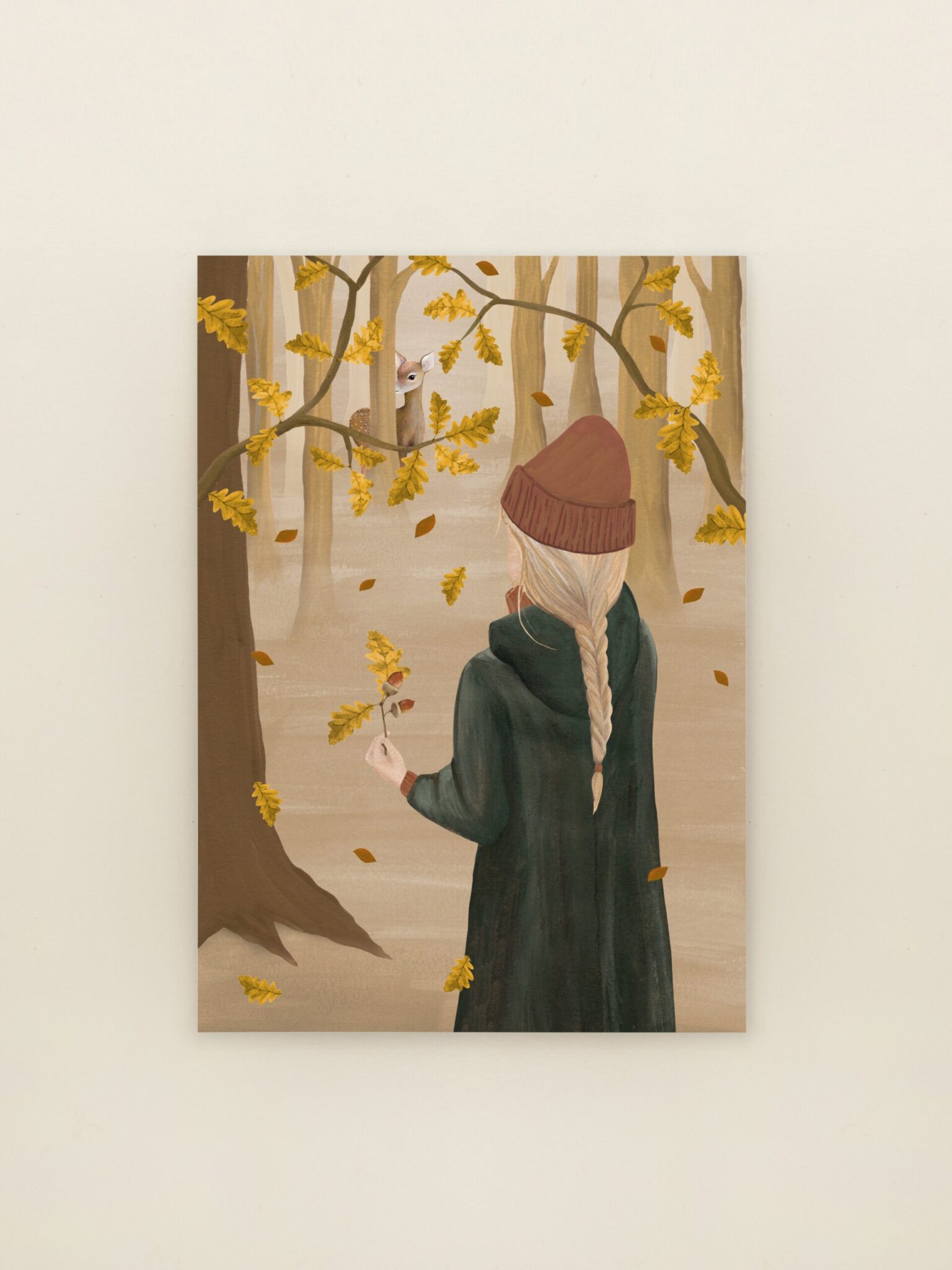 wenskaart herfstbos illustratie meisje bladeren Sâlt + Flor