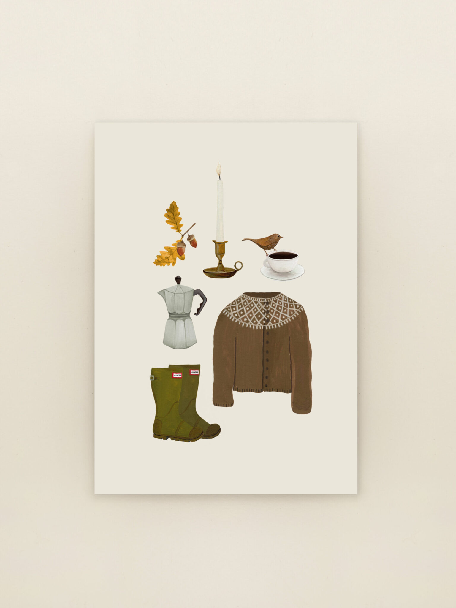 Herfstillustratie met vallende bladeren op wenskaart Najaarstaferelen van Sâlt + Flor.