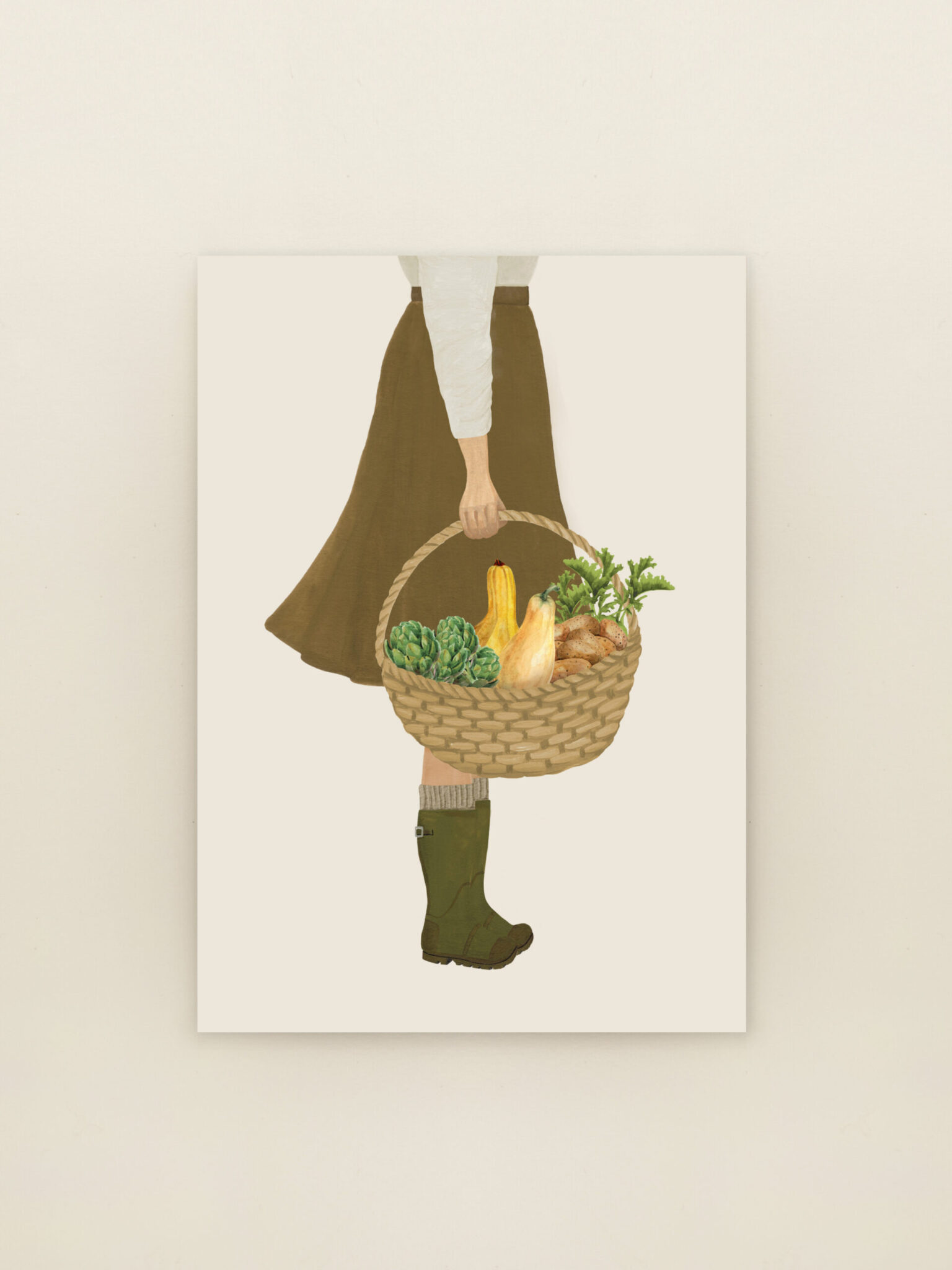 Illustratie van oogstmand met herfstvruchten op wenskaart Oogstmand van Sâlt + Flor.