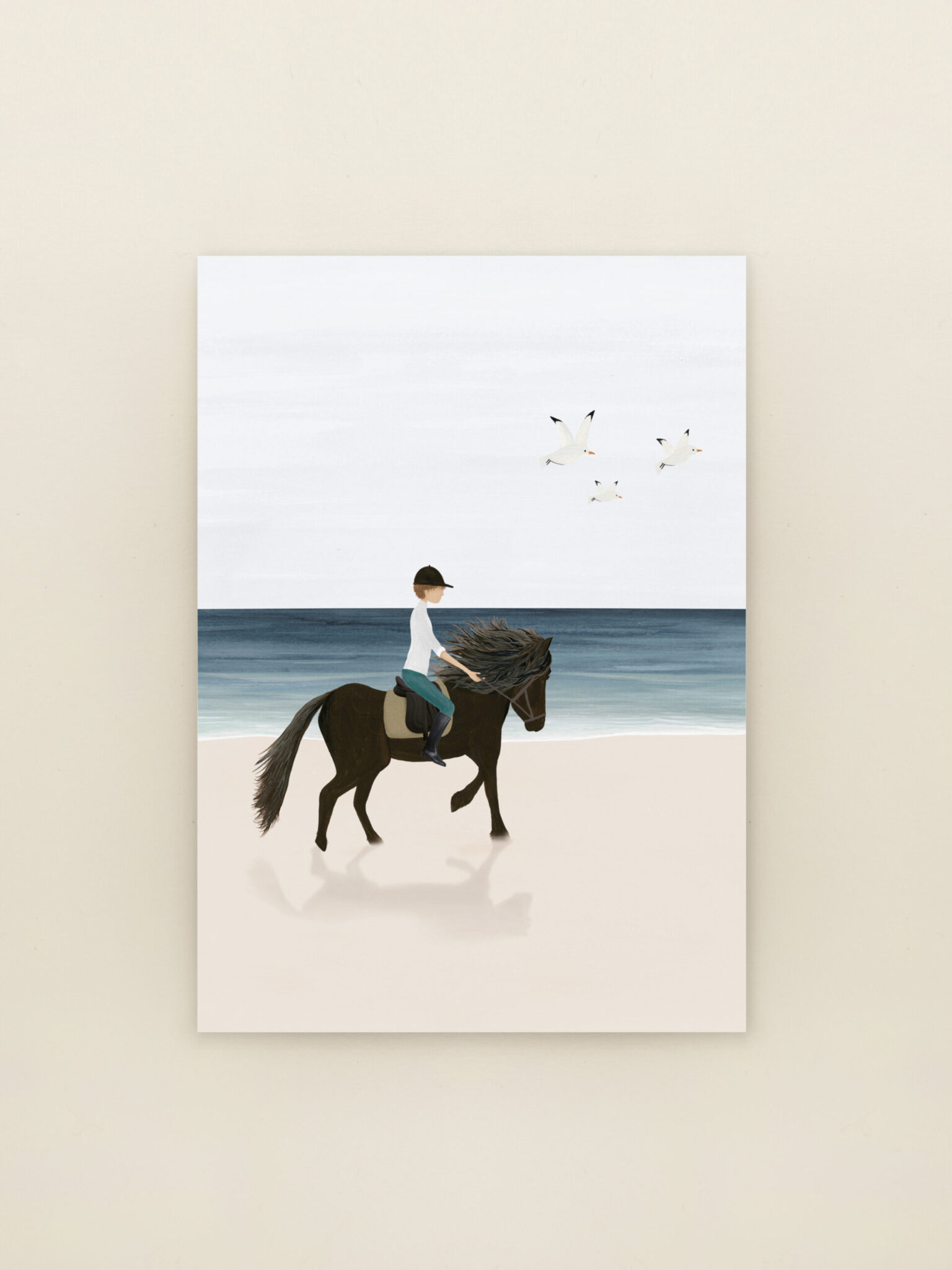 Wenskaart Paardrijden met illustratie van ruiter op paard in open landschap