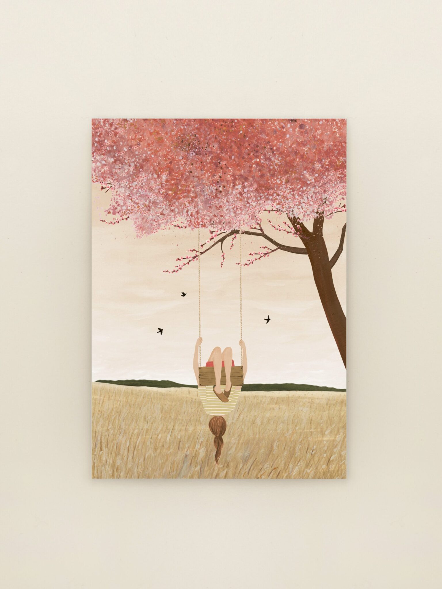 Illustratie van schommel onder bloesemboom op wenskaart schommelboom van Sâlt + Flor.