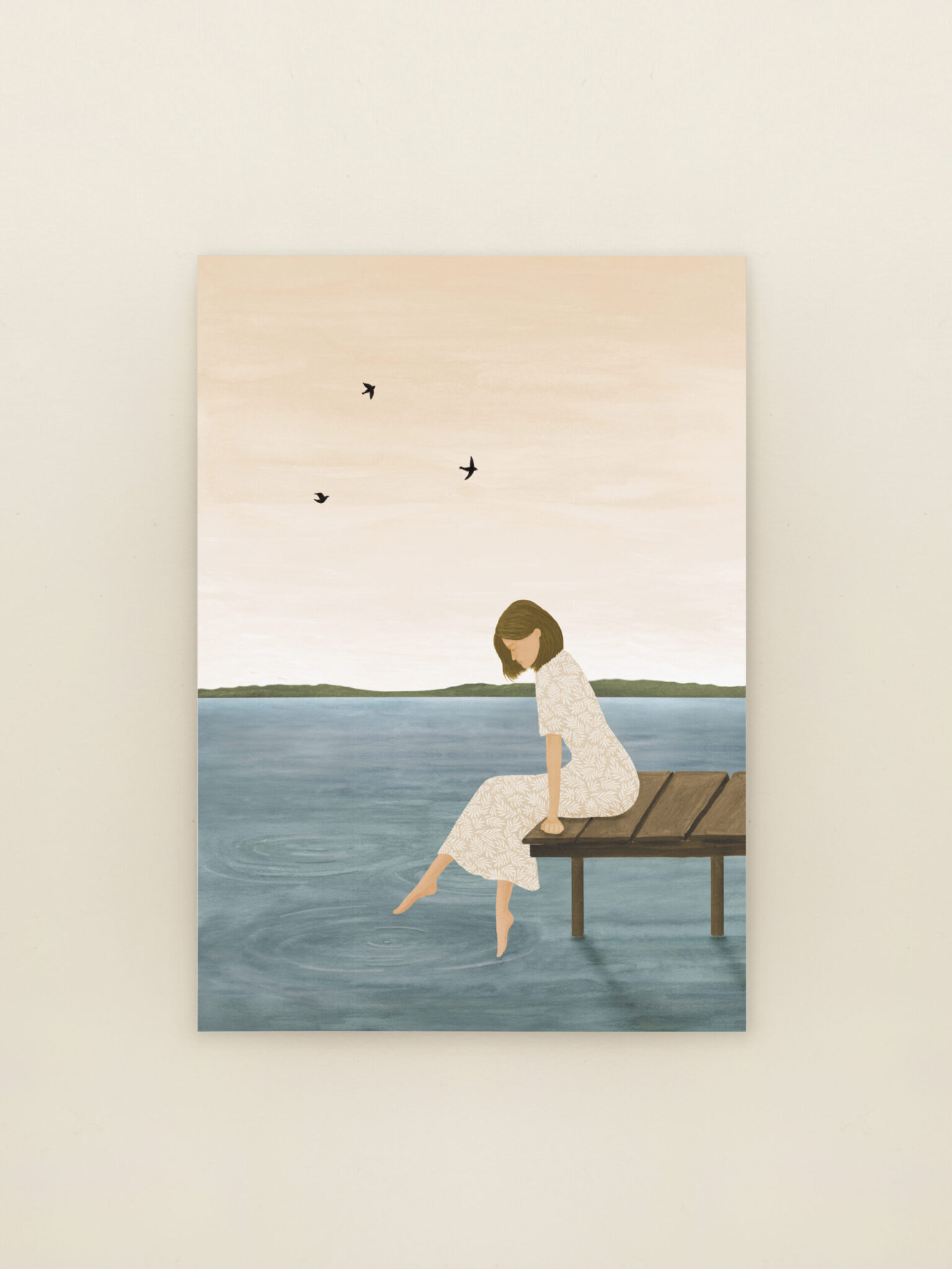 Wenskaart Steigerstaren van Sâlt + Flor met illustratie van persoon zittend op een steiger boven rustig water