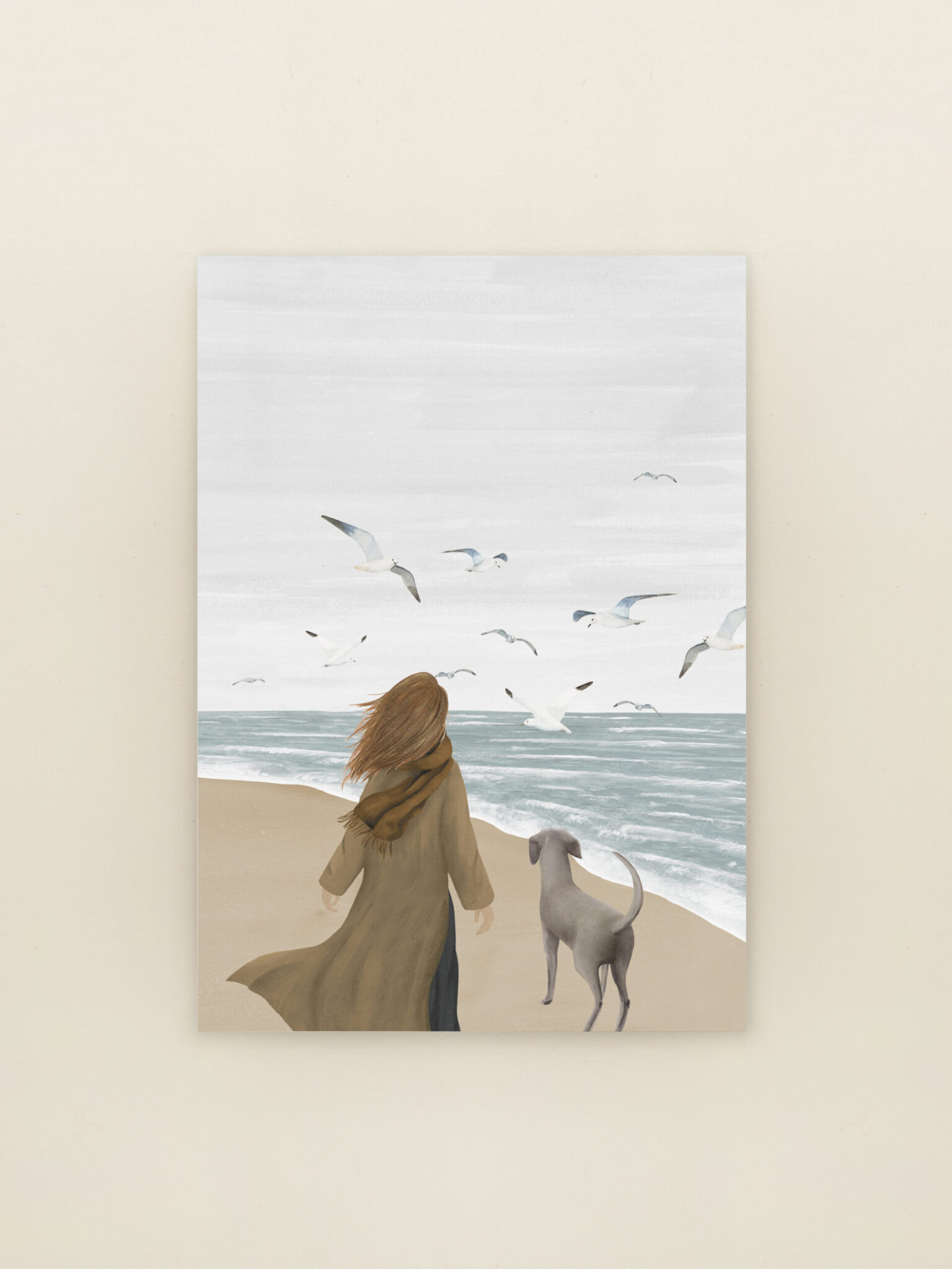 wenskaart uitwaaien strandillustratie met hond Sâlt + Flor