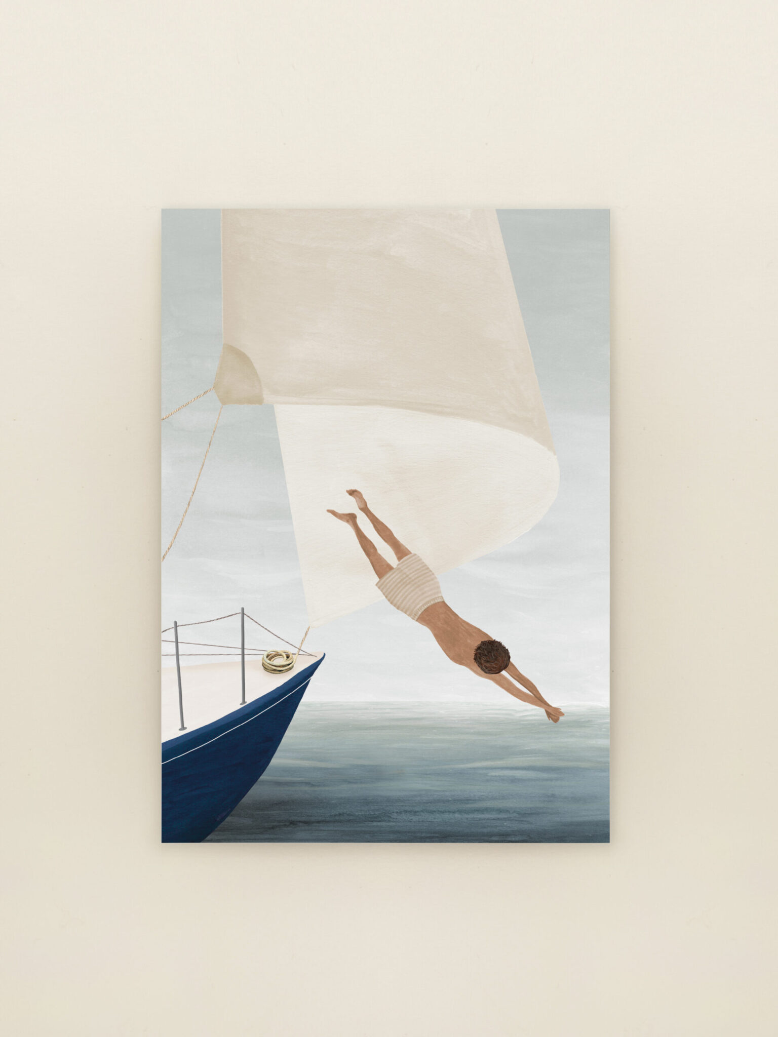 Wenskaart Zomerduik van Sâlt + Flor met illustratie van persoon die in zee duikt vanaf een boot in zachte zomerkleuren