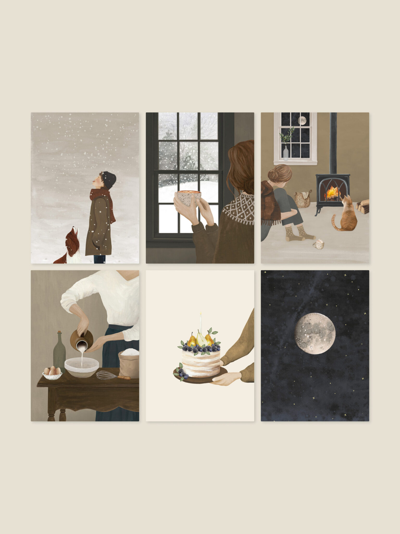 kaartenset winterwarmte met zes winterse illustraties van Sâlt + Flor
