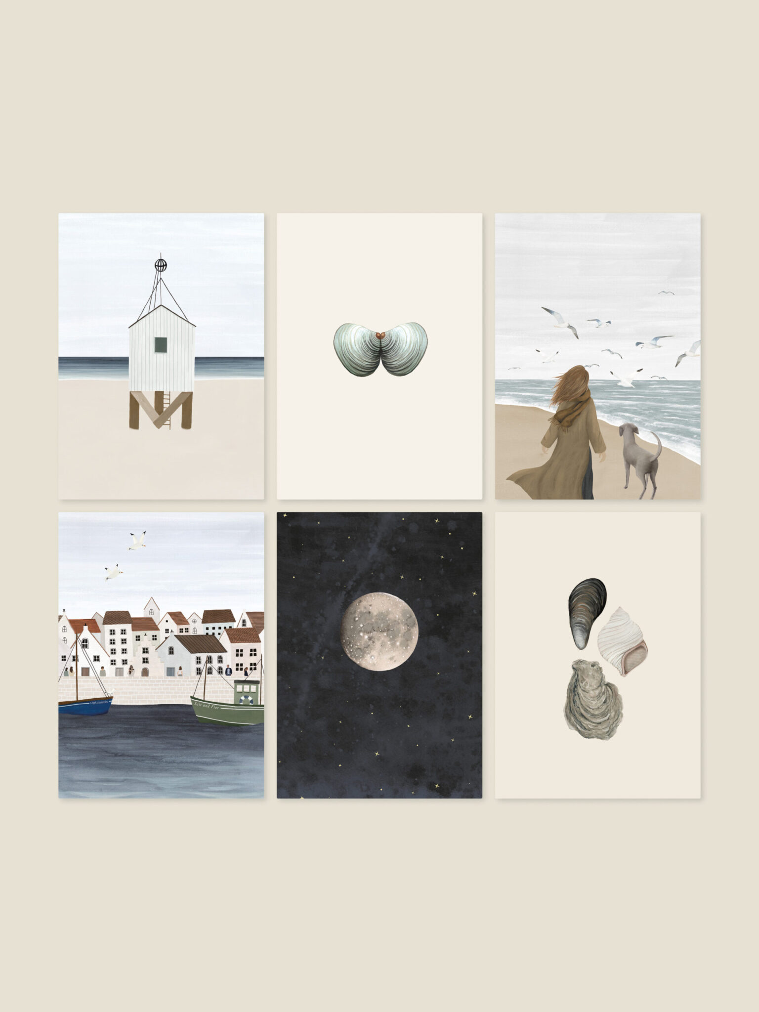 kaartenset Aan de Kust met zes kustillustraties van Sâlt + Flor