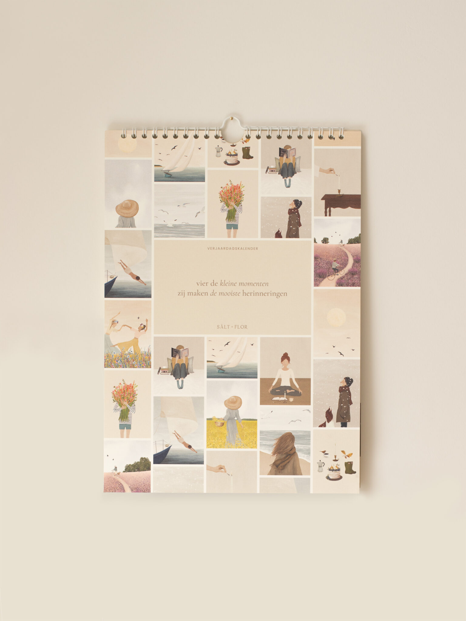 Voorkant van de Sâlt + Flor verjaardagskalender met natuurlijke illustratie en rustige vormgeving