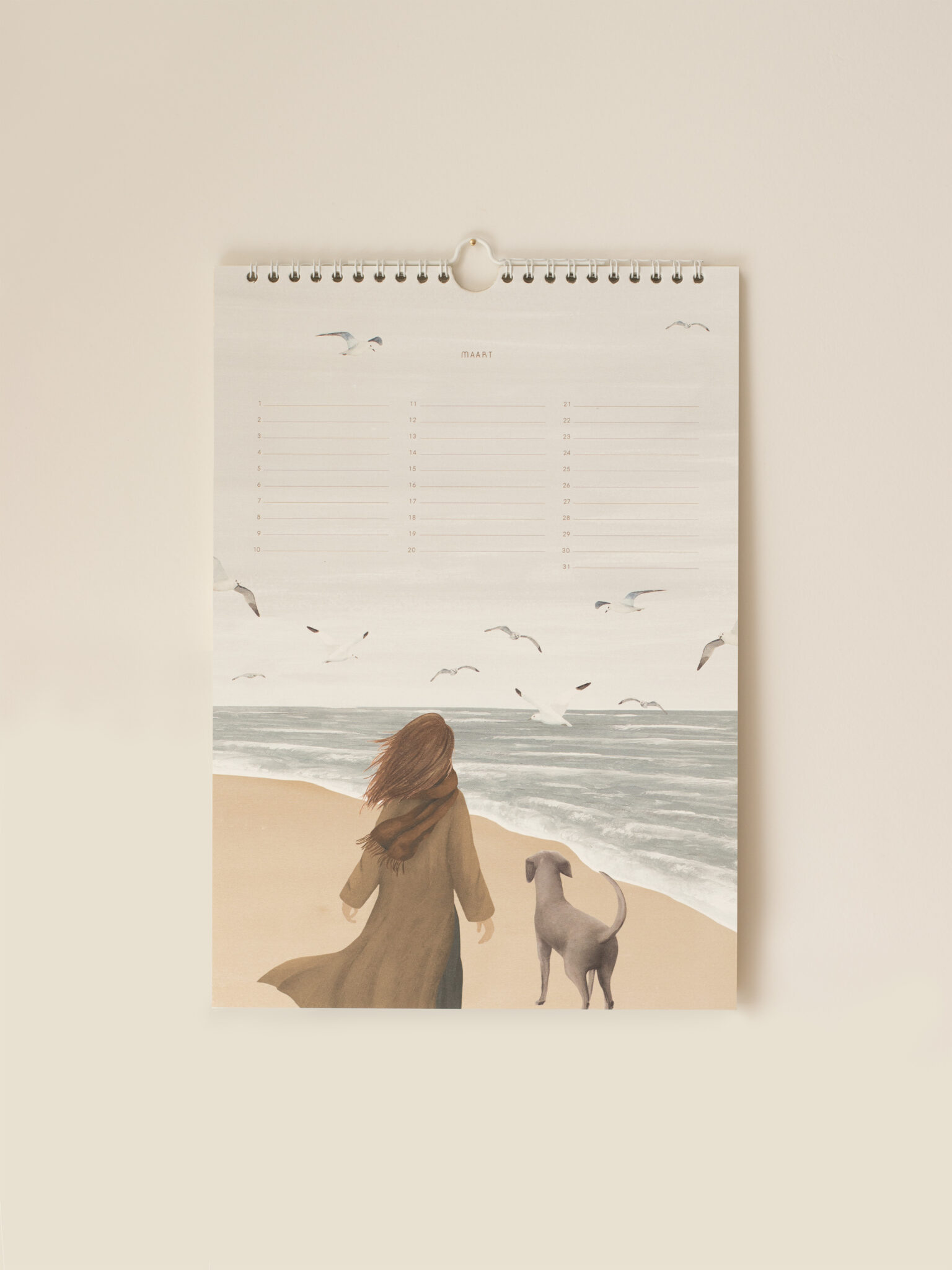 Maart illustratie uit de Sâlt + Flor verjaardagskalender met beweging en frisse voorjaarslucht