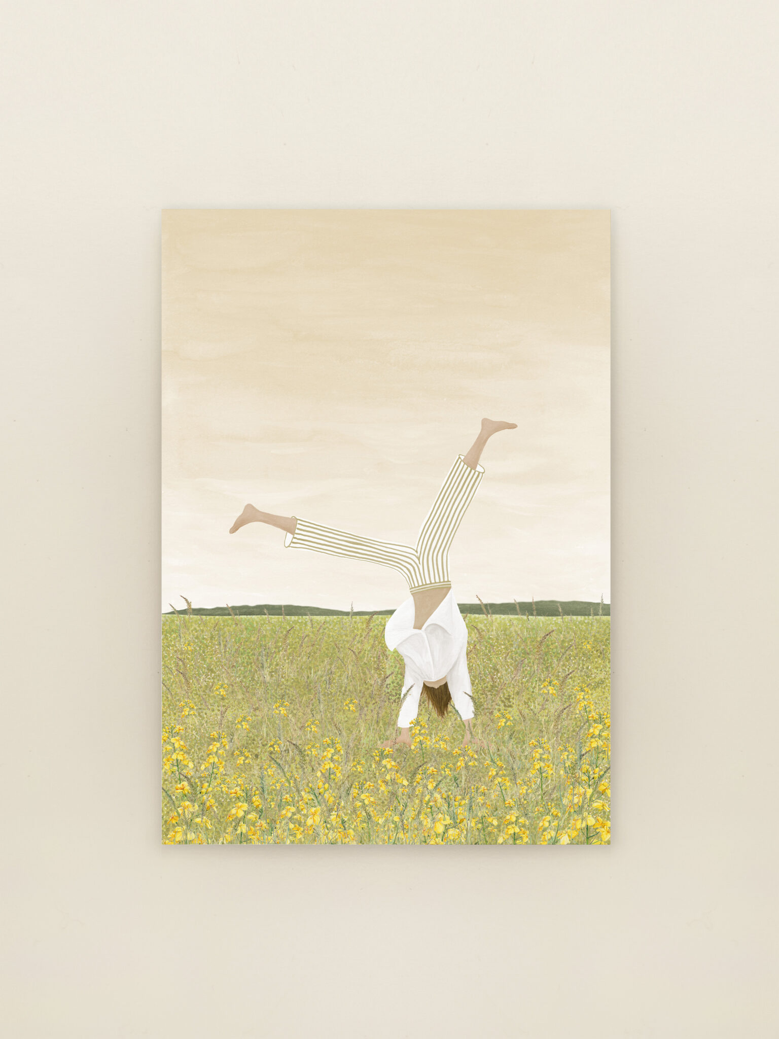 Wenskaart Ondersteboven met illustratie van een handstand tussen bloemen