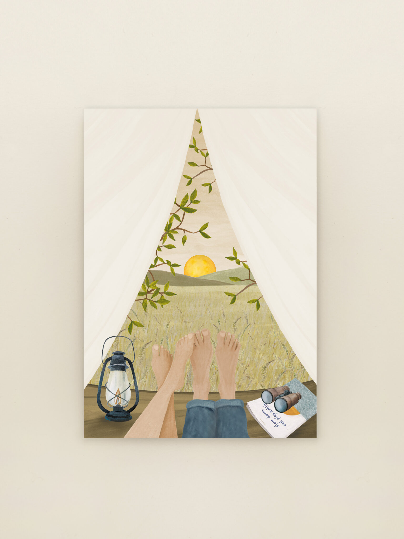 Wenskaart Tentliefde met illustratie van een tent in de natuur tijdens een zomerse kampeeravond