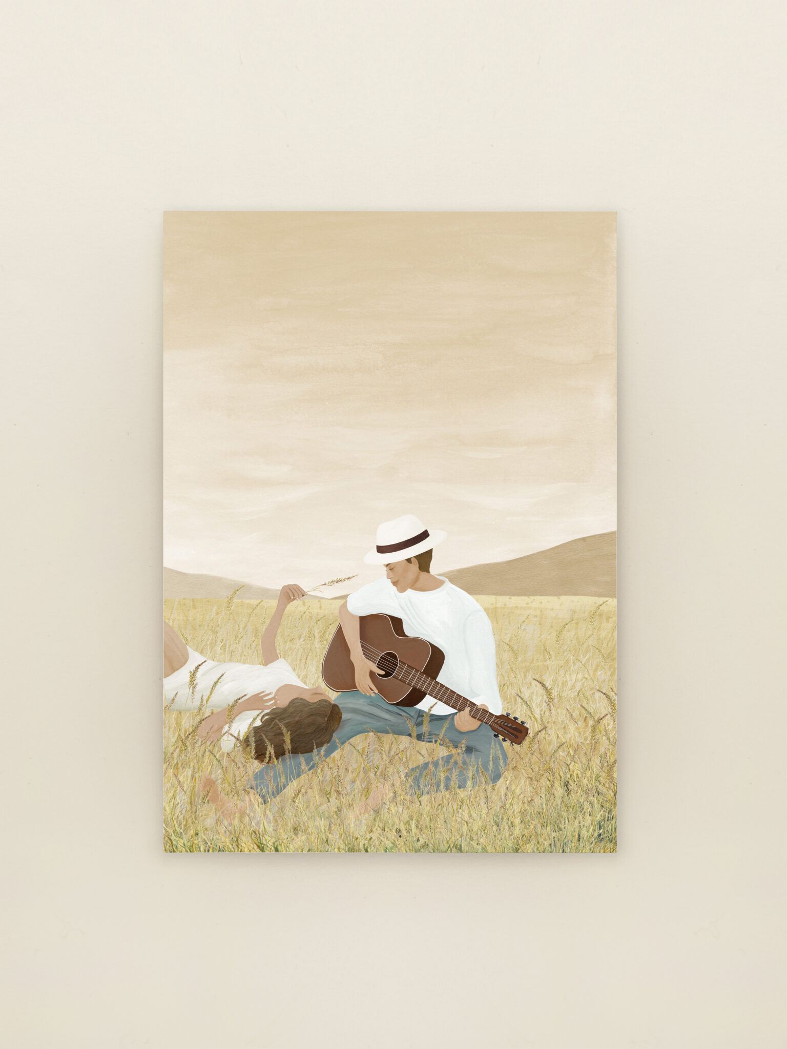 Wenskaart Veldmuziek met illustratie van twee mensen die samen mijmeren in het gras met gitaar
