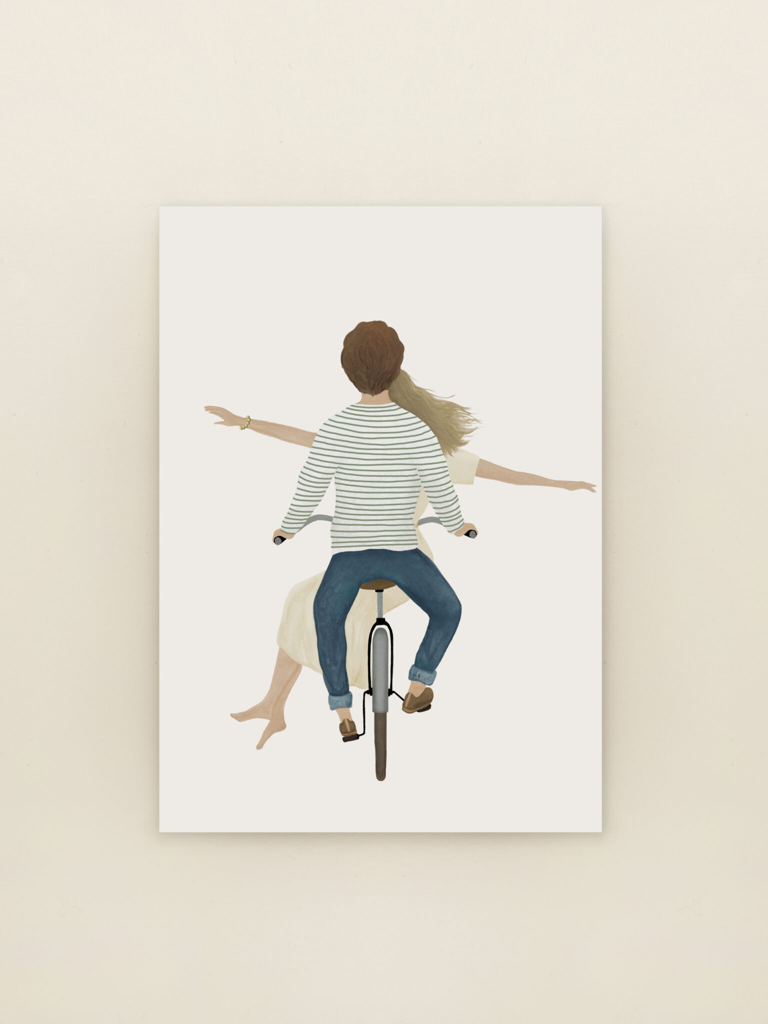 Illustratie van twee mensen op een fiets. Op avontuur in de natuur, wenskaart Zwierlust van Sâlt + Flor