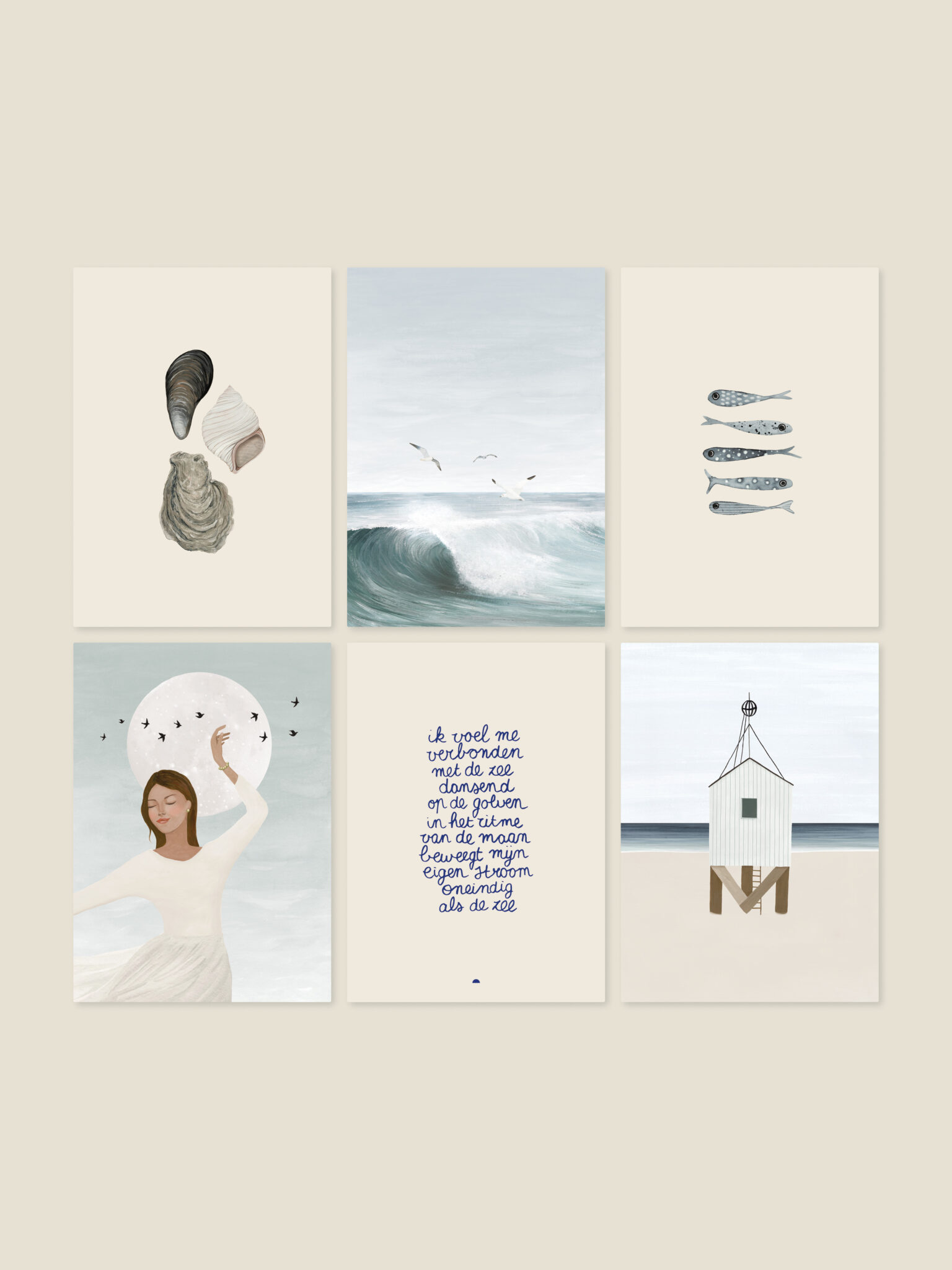 Wenskaartenset Inner Tide van Sâlt + Flor met zes kaarten met schelpen, golven, vissen, maan, zeehuisje en handgeschreven tekst