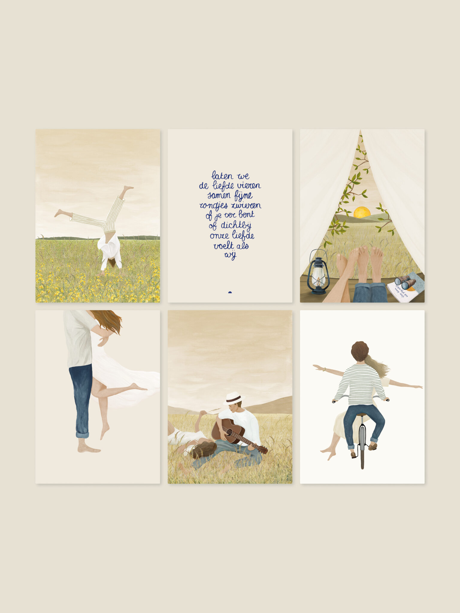 Wenskaartenset Zomerliefde van Sâlt + Flor met zes kaarten met zomerse illustraties van liefde, kamperen, dansen, fietsen en muziek