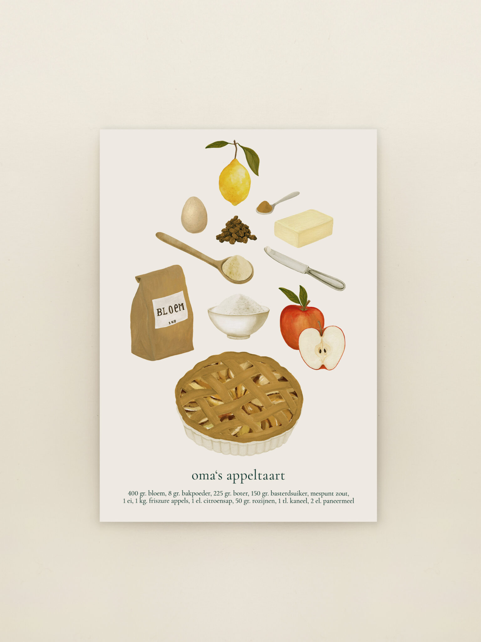 Oma’s Appeltaart receptkaart van Sâlt + Flor met geïllustreerde ingrediënten op de voorkant en het appeltaartrecept op de achterkant