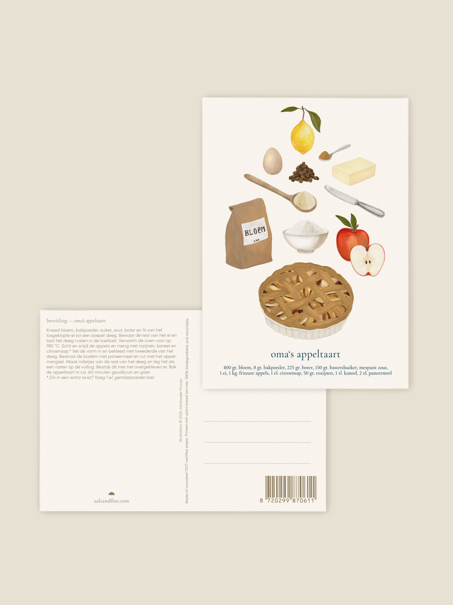 Achterkant van Oma’s Appeltaart receptkaart met het recept voor oma’s appeltaart