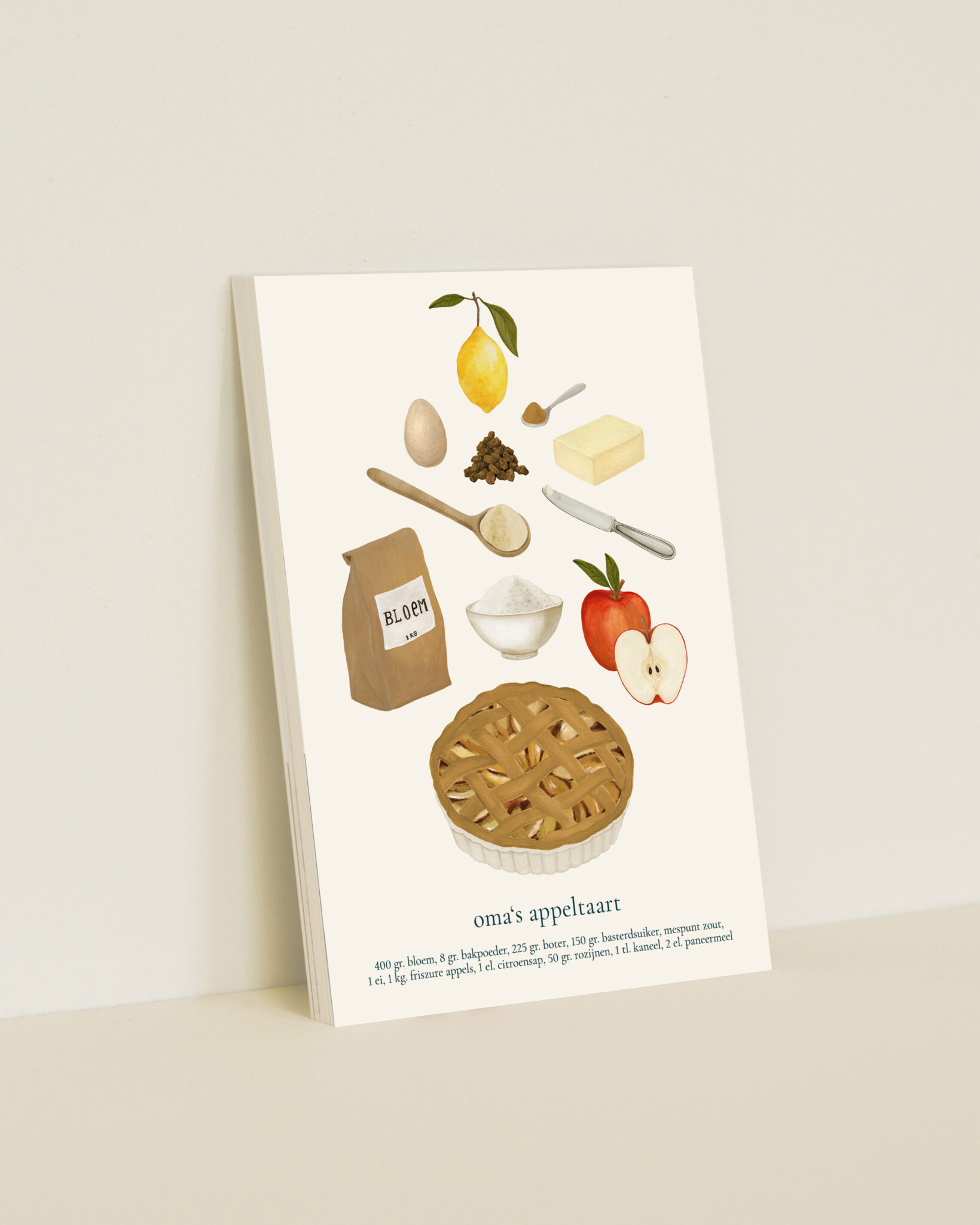 Oma’s Appeltaart receptkaart van Sâlt + Flor als A6-kaart met handgeschilderde appeltaart ingrediënten