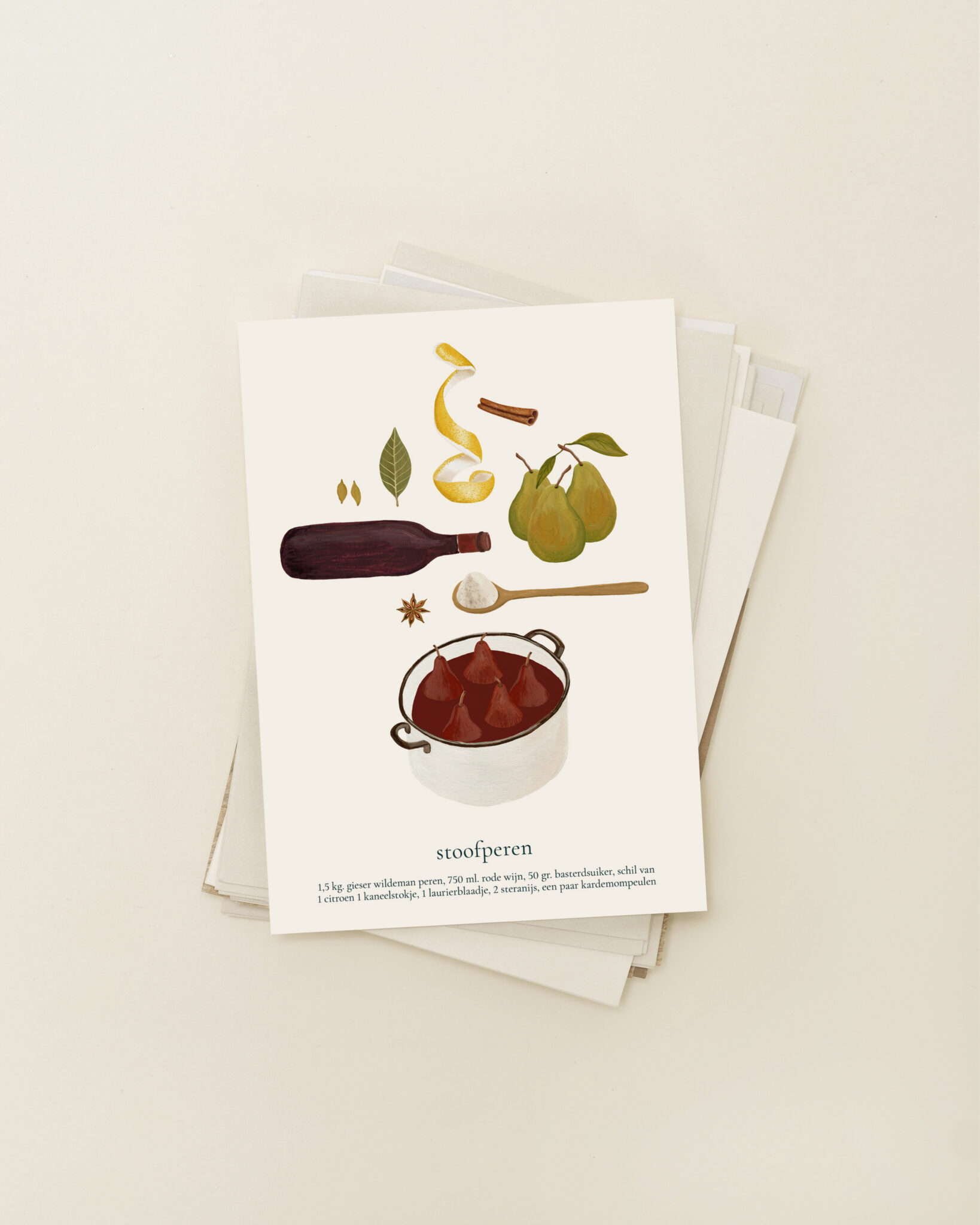 Stoofperen receptkaart van Sâlt + Flor op een stapel kaarten met ingrediënten voor stoofperen