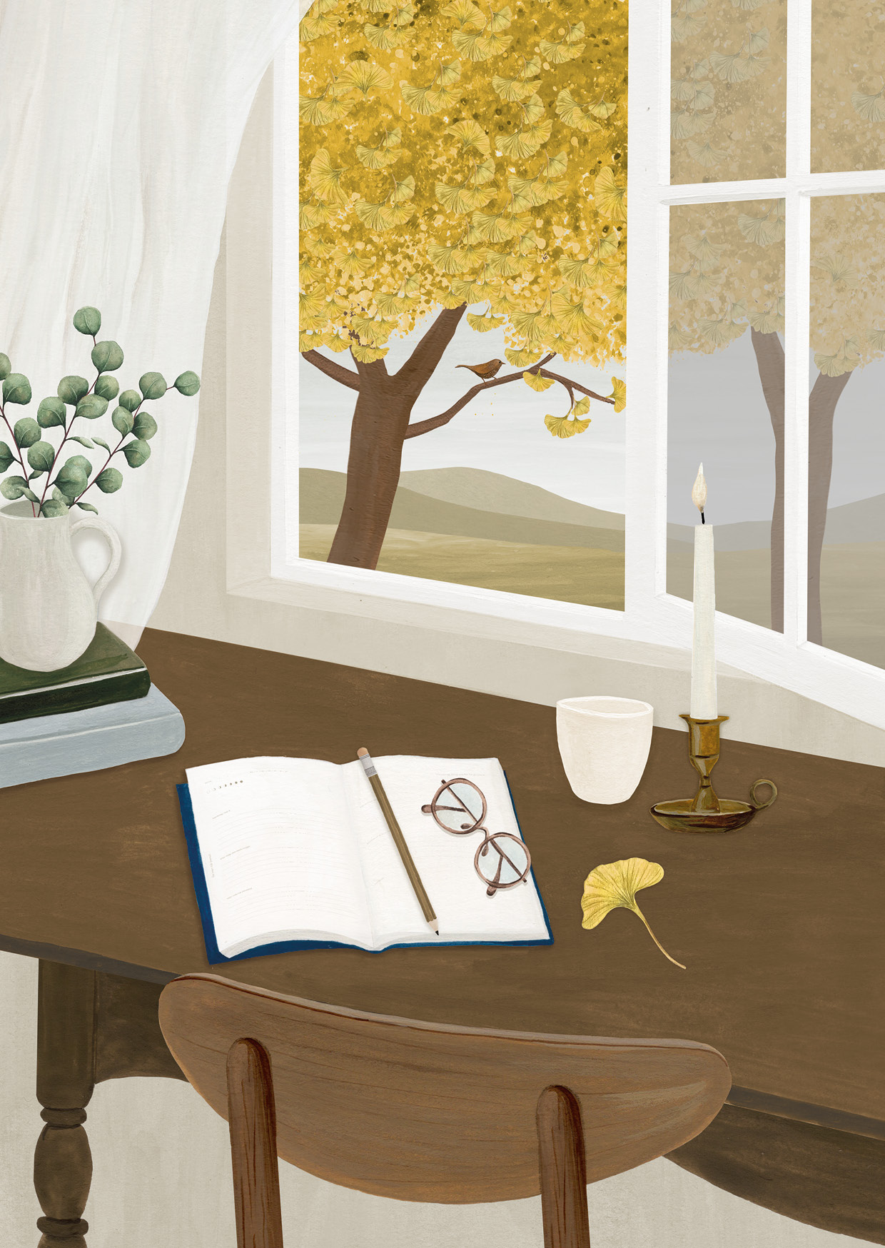 Detail van Journalen wenskaart met open notebook, potlood, bril, kaars en gele ginkgo buiten het raam