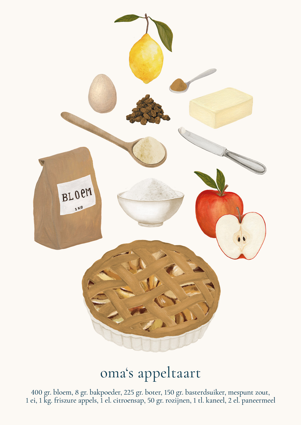 Detail van Oma’s Appeltaart receptkaart van Sâlt + Flor met handgeschilderde appels, kaneel en ingrediënten voor appeltaart
