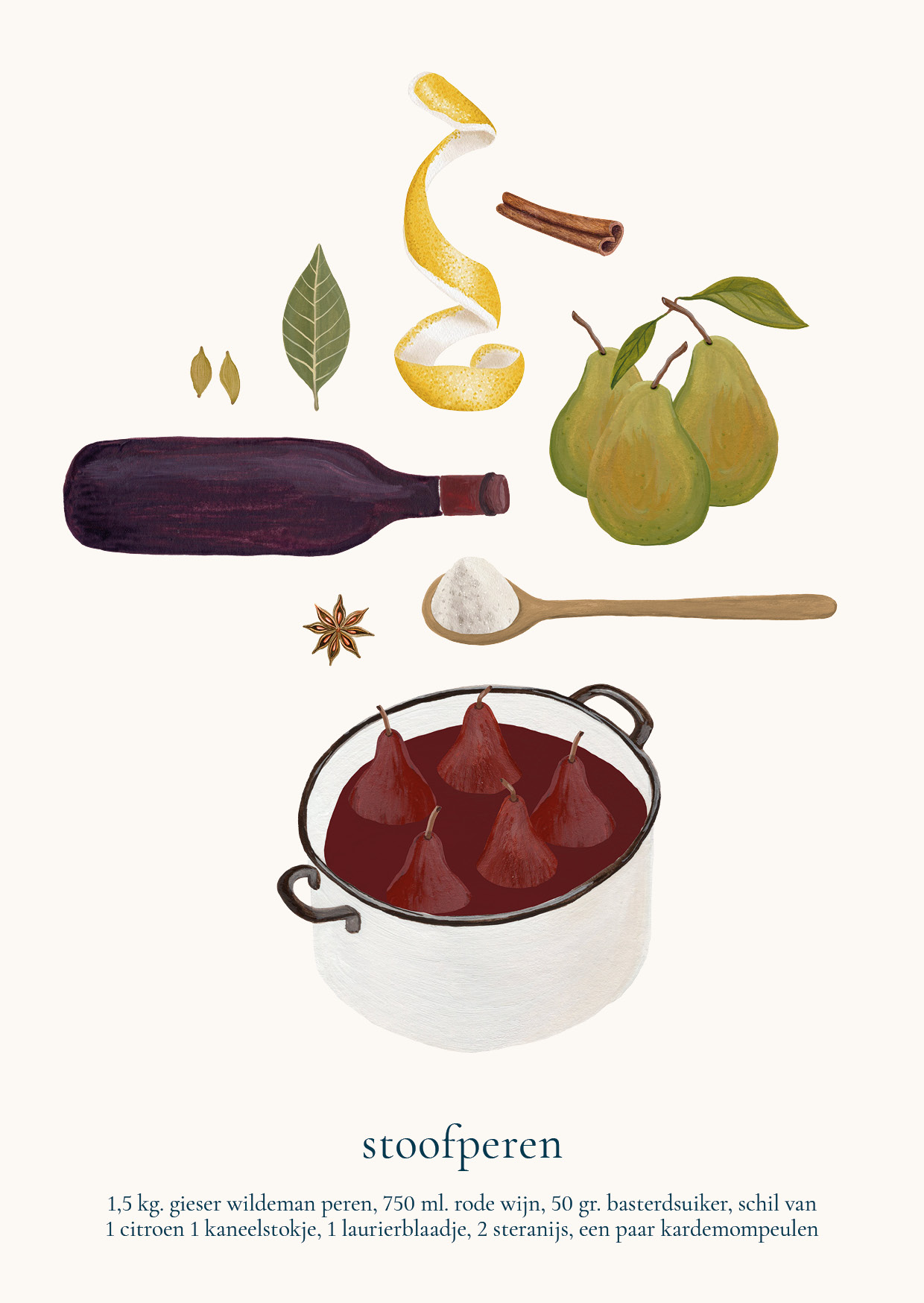 Detail van Stoofperen receptkaart met handgeschilderde ingrediënten zoals peren, kaneel en kruidnagel